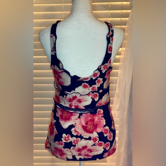 DKNY floral Print Pink Red White navy Scallop-Edge with mesh Tankini Top M EUC - Picture 5 of 16